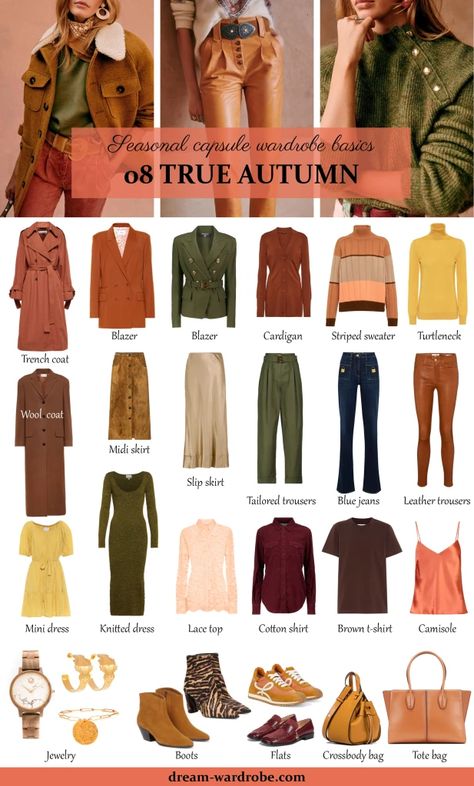 Warm (True) Autumn Color Palette and Wardrobe Guide | Dream Wardrobe Autumn Palette Colors Clothes, Autumn Outfit Colors, Cool Autumn Color Palette Outfits, Autumn Season Outfits For Women, Autumn Colours 2023, Classic Autumn Palette, Redhead Color Palette Clothes, Autumn Colour Season Outfits, Autumn Season Color Palette Outfits