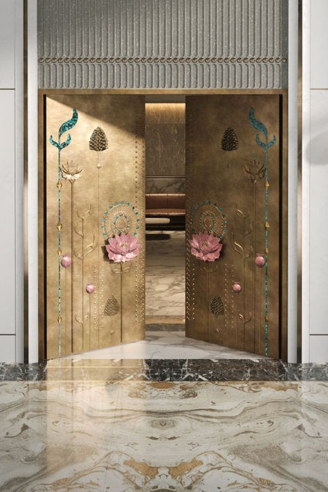 Door Entrance Aesthetic, Pooja Room Doors, Metal Front Doors, House Entrance Doors, Luxury Houses Entrance, Exterior Entrance, Unique Front Doors, Classic Home Furniture, Antique Oak Furniture