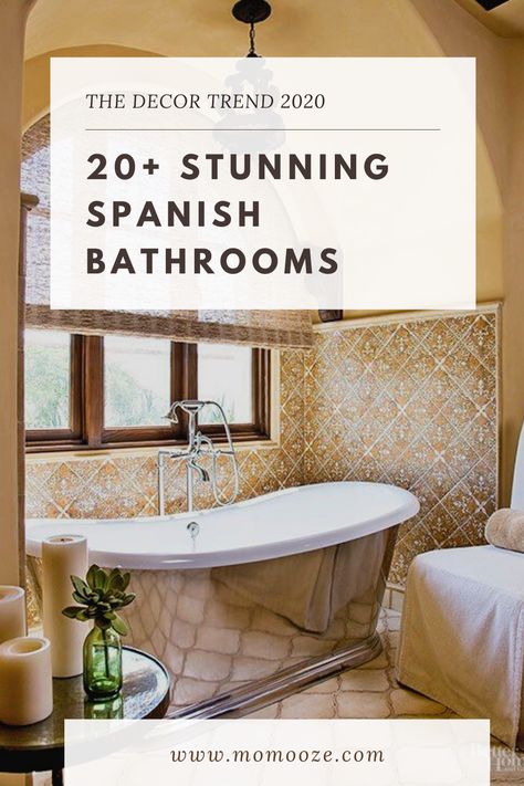 Get inspired by these 20+ gorgeous Spanish Bathrooms - the trending bathroom design for 2020. #spanishbathrooms #bathroom #homedesign Southwest Style Bathroom Ideas, Spanish Interiors Decor Ideas, Bathroom Remodel Mediterranean, Spanish Half Bath, Hacienda Style Bathroom Spanish Revival, Small Spanish Style Bathroom, Spanish Powder Bathroom, Modern Mediterranean Bathroom Ideas, Spanish Tile Bathroom Ideas