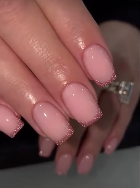 Pink With Gold Tips Nails, Soft Pink Acrylic Nails Coffin Short, Pink Nail Glitter Tip, Cute Short Prom Nails, Pink Short Glitter Nails, Short Acrylic Nails Glitter Tips, Short Square Glitter French Tip Nails, Pink Glitter Tip Acrylic Nails, Pink With Glitter Tips Nails