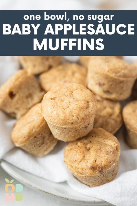 Baby Applesauce Muffins (No Sugar) - Baby Led Bliss Baby Muffin Recipe Led Weaning, No Sugar Muffins For Baby, Blw Muffins Baby Led Weaning, Baby Apple Muffins, Easy Baby Muffin Recipe, Pumpkin Muffins For Babies, Baby Led Breakfast Ideas, Toddler Applesauce Muffins, Easy Blw Meals 9 Month Old