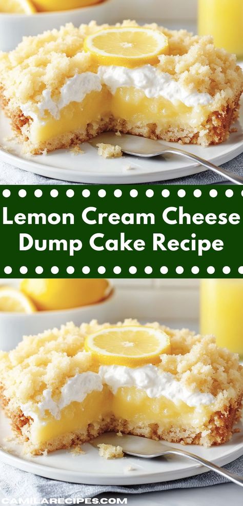 Searching for a family-friendly dessert? This Lemon Cream Cheese Dump Cake Recipe is an effortless way to satisfy sweet cravings while bringing the whole family together, perfect for any gathering or casual dinner night. Dessert Dump Cake, Frosting Brownies, Lemon Cream Cheese Dump Cake, Cream Cheese Dump Cake, Lemon Dump Cake Recipe, Lemon Dump Cake, Brownie Mix Recipes, Easy Dump Cake Recipe, Lemon Cheese