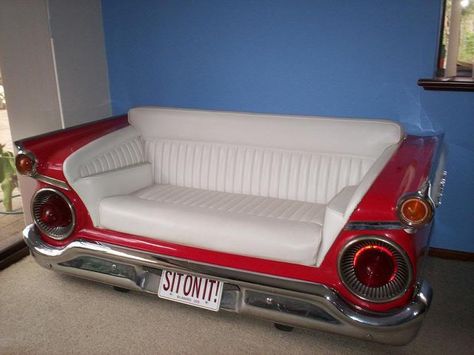 Click this image to show the full-size version. Red Distressed Furniture, Car Couch, Sofa Bar, Car Part Furniture, Automotive Furniture, Car Furniture, Man Cave Home Bar, Furniture Bookshelves, Automotive Decor