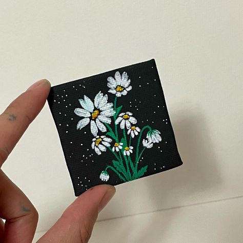 Size: 2x2 inches. Available on my Etsy store! #art #canvas #acrylicpainting #smallcanvas On Black Canvas, Small Canvas Paintings, White Daisies, Small Canvas, Canvas Paintings, Black Canvas, Daisy Flower, Art Canvas, Flower Painting