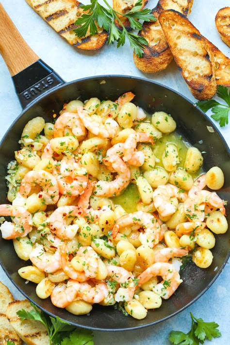 Shrimp Scampi Gnocchi - Ready in less than 30 min with perfectly golden-brown gnocchi and sauteed shrimp! So buttery, so garlicky, and just so quick + easy! Cauliflower Gnocchi, Classic Macaroni Salad, How To Cook Gnocchi, Gnocchi Recipes, Shrimp Scampi, Trader Joe, Trader Joe's, Seafood Dishes, Shrimp Recipes