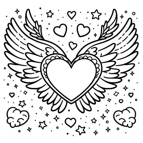 Coloriage Coeur avec Ailes à imprimer gratuitement Heart Drawing Cute, Hearts Coloring Pages, Adult Drawing, Spiderman Pixel Art, Kawaii Dragon, Heart Drawings, Shape Coloring Pages, Crown Tattoo Design, Heart Coloring Pages