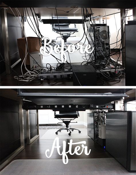 Diy Under Desk Cable Management, Organize Cords Under Desk, Cable Management Under Desk, Computer Wire Organization, How To Hide Cords On Desk In Middle Of Room, How To Organize Cables And Cords, Desk In Middle Of Office Cords, How To Hide Cords Under Desk, Under Desk Cord Organization