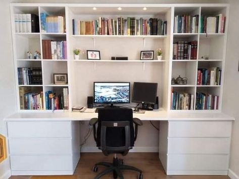 Office Kallax Ikea, Ikea Kallax Library, Kallax Ikea Office, Diy Kallax Desk, Malm Desk Ikea Home Office, Ikea Malm Office, Kallax Ikea Ideas Bedrooms, Kallax Office Ideas, Kallax Library