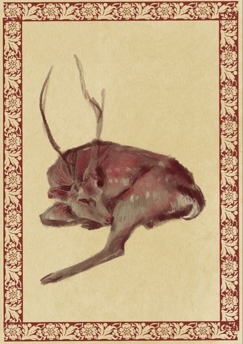 Red Deer Drawing, Medieval Art Animals, Deer Art Reference, Deer Lying Down, Deer Fursona Art, Deer Skull Wallpaper, Deer Creepy, Deer Laying Down, Deer Drawing Reference