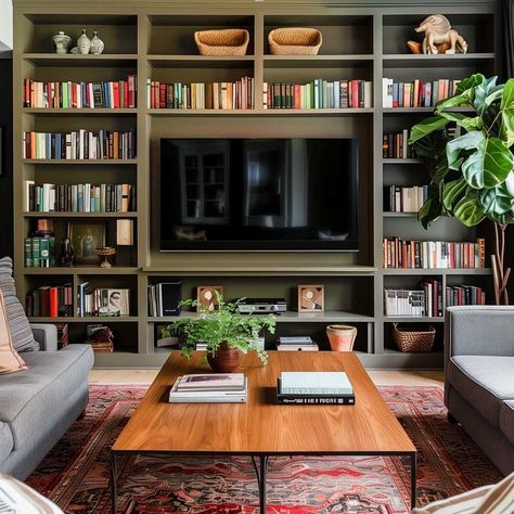 Built In Bookshelf Tv Wall, Library Wall With Reading Nook, Living Room Built In Shelves Decor, Home Office Book Shelves, Bookcase Wall Ideas, Full Wall Bookshelf With Tv, Wooden Built In Shelves Living Room, Books And Tv Wall, Tv And Shelves On Wall