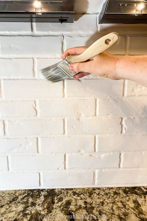 Brick Panels Wall, Painted Faux Brick Backsplash, Faux Brick Panel Backsplash, How To Paint Faux Brick Paneling, Fake Backsplash Kitchen, Faux Brick Backsplash Kitchen Diy, Diy Brick Backsplash Kitchen, Painted Brick Backsplash Kitchen, Faux Brick Wall Kitchen