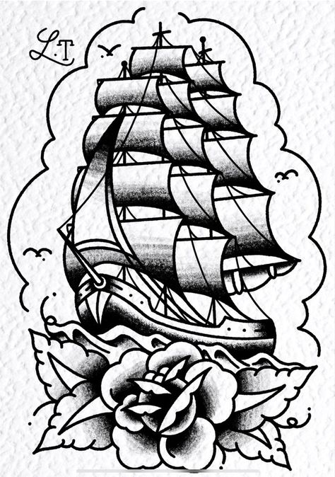 American Traditional clipper ship tattoo design. | Tatuagem tradicional, Tatuagem tradicional americana, Arte da tatuagem tradicional Clipper Ship Tattoo, Traditional Tattoo Vector, Traditional Ship Tattoo, Traditional Tattoo Outline, Traditional Tattoo Drawings, Americana Tattoo, Traditional Black Tattoo, Traditional Tattoo Inspiration, Traditional Tattoo Old School