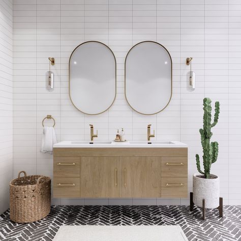 Everly Quinn Tenshi 60'' Wall Mounted Double Bathroom Vanity with Plastic Vanity Top | Wayfair Double Sink Bathroom Vanity Circle Mirror, Floating Double Vanity Bathroom Overstock, Japandi Bathroom Double Vanity, 60” Double Vanity, 60" Vanity Double Sink, Mdf Cabinets, Mirror Backsplash, Double Sink Bathroom, Floating Bathroom Vanity