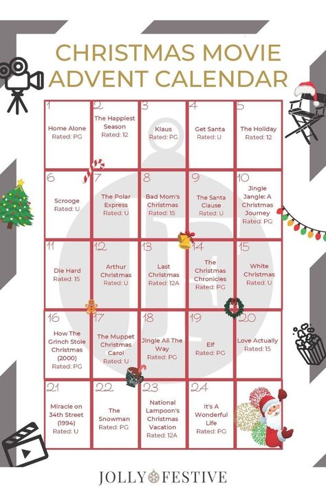 Christmas Film Advent Calendar, December Movie Calendar, Christmas Movies Advent Calendar, Christmas Movies Calendar, Christmas Movie Advent Calendar, Christmas Movie Calendar, Christmas Movie Challenge, Movie Advent Calendar, Advent Calendar Free Printable