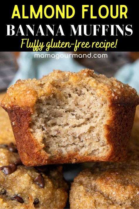 Muffins made with almond flour have a reputation for being dense—but not these fluffy beauties! Easy and quick to make, these almond flour banana muffins bake up moist, fluffy and full of terrific banana flavor. These banana muffins are suitable for a gluten free diet, and perfect for a filling snack or grab-and-go breakfast. Chocolate chips optional. Vegan Almond Flour Banana Muffins, Gluten Banana Muffins, Banana Muffins Almond Flour Recipe, Is Almond Flour Gluten Free, Banana Chia Seed Muffins, Healthy Muffin Recipes Banana, Ripe Banana Recipes Almond Flour, Healthy Banana Nut Muffins Almond Flour, Almond Flour Banana Muffins Easy