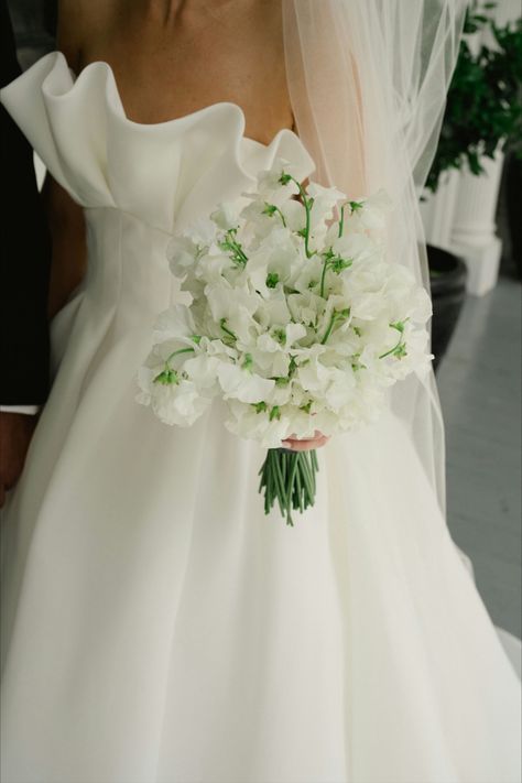 A delicate bridal bouquet of all-white sweet peas. This bouquet offers a fresh, simple elegance, perfect for a modern, minimalist bride. #BridalBouquet #WhiteFlorals #SweetPeaBouquet #MinimalistBride #ElegantFlorals Sweet Pea Bouquet Wedding, Sweet Pea Bridesmaid Bouquet, Sweet Pea Bridal Bouquet, Sweet Pea Bouquet, Modern Bridal Bouquets, Bridesmaid Bouquet White, Bridesmaid Corsage, Minimalist Bride, White Bridal Bouquet