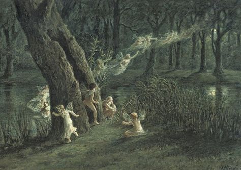 A.W. Crawford - "Woodland fairies in the moonlight". Finales del siglo XIX Woodland Fairies, Fairy Aesthetic, Woodland Fairy, Vintage Fairies, Fairytale Art, Forest Fairy, Fairy Art, Fairy Land, Woodland Creatures