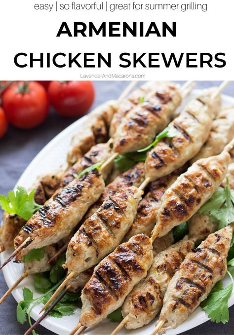 If you want to try new grilling recipe this summer, give these Armenian Chicken Skewers a try. They're made with ground chicken and simple spices. These skewers are delicious and great for backyard bbq or holidays. Ground Chicken Skewers, Lula Kebab Recipe, Armenia Food, Lula Kebab, Summer Skewers, Braised Chicken Breast, Lavender Macarons, Kebab Skewers, Kebab Recipe