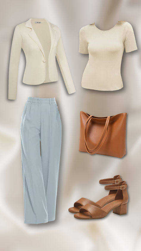 She wears a chic and sophisticated outfit perfect for both professional and casual settings. Her ensemble features a stylish cream blazer paired with a soft, ribbed cream top, creating a cohesive and elegant look. The light blue high-waisted pants add a pop of color and a tailored finish to the outfit. To complete her ensemble, she accessorizes with a tan leather tote bag and matching tan ankle strap heels, combining style and practicality seamlessly. Light Blue Pants, Tan Leather Tote, Cream Blazer, Cream Top, Office Outfit, Cream Tops, Ribbed Top, Top Light, Blue Pants