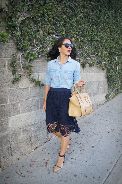 | navy lace skirt and chambray top | Blue Lace Skirt Outfit, Tan Lace Skirt Outfit, Navy Blue Lace Skirt Outfit, Fitted Lace Skirt With Lace Work, Spring Blue Skirt With Lace Trim, Lace Skirt Outfit, Lace Overlay Top, Chambray Skirt, Skirt Outfit Summer