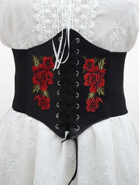 Flower Embroidery Wide Belt | SHEIN USA Black Corset Belt, Corset Underbust, Waist Belt Women, Waist Corset, Corset Belt, Underbust Corset, Leather Corset, Waist Cincher