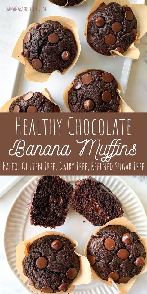 Chocolate muffins Vegan Gf Banana Muffins, Gluten Free Dairy Free Egg Free Muffins, Flourless Breakfast Muffins, Paleo Chocolate Banana Muffins, Dairy And Grain Free Recipes, Grain Free Banana Muffins, Gluten Free Dairy Free Sugar Free Meals, Gluten Free Sugar Free Dairy Free, Healthy Dessert Recipes Banana