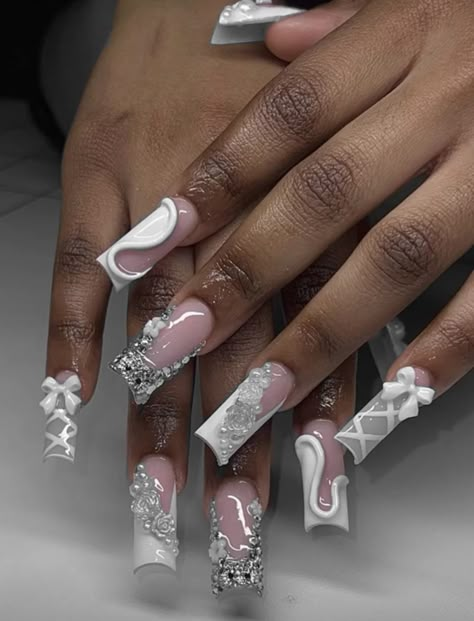 Bling Nails Birthday, Cute Birthday Nails Long, Nail Inspo White And Silver, Silver Nails Birthday, Birthday Nail Set Ideas Coffin, Shorties Design Nails, Grey Nail Inspiration, Birthday Nails White And Silver, May Birthday Nails Ideas