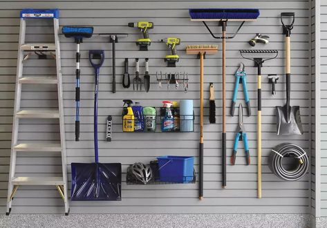 Slatwall Panel Garage Storage Gridwall Garage Storage, Slatwall Tool Organization, Proslat Garage Ideas, Proslat Wall Storage, Garage Wall Organizer, Tool Wall Storage, Garage Wall Storage, Slatwall Accessories, Garage Renovation