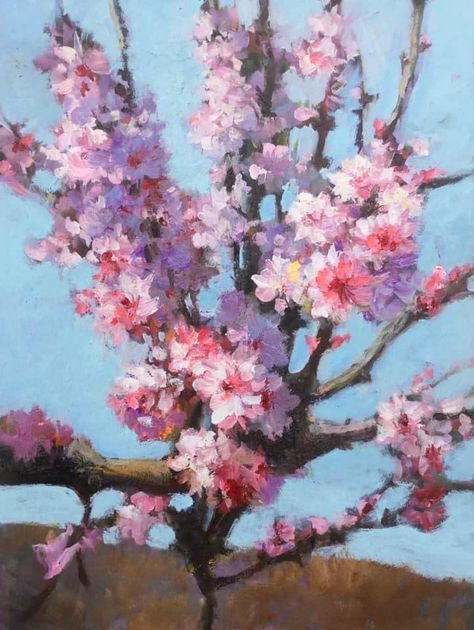 Cherry Blossom Oil Painting, Cherry Blossom Oil Pastel, Japanese Oil Painting, Sakura Painting, Peach Orchard, Japanese Landscape, Landscape Paintings Acrylic, Landscape Art Painting, Peach Trees