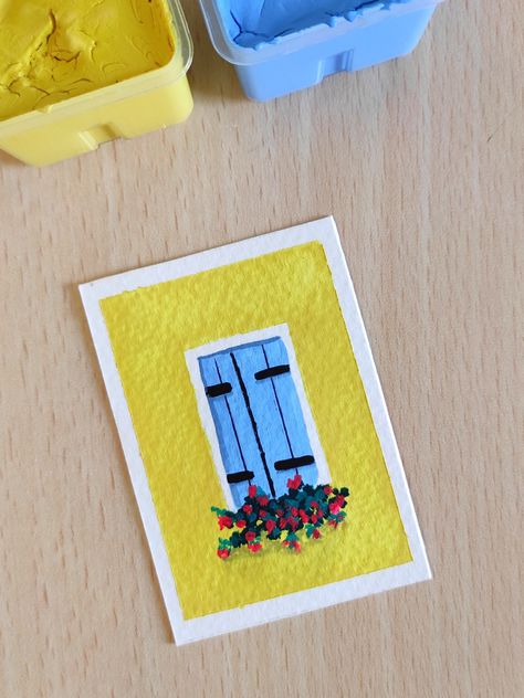 Painting Mini Canvas Watercolor Paintings Easy, Small Painting Canvas Ideas, Acrylic Paint Easy Ideas, Tiny Gouache Paintings, Easy Miniature Painting Ideas, Minimalist Gouache Painting, Easy Gauche Painting Ideas, Miniature Watercolor Paintings Easy, Guache Art Gouache Painting Easy