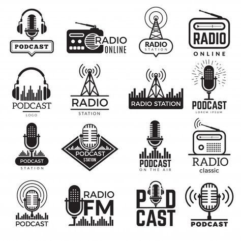 Radio station logo. music studio podcast... | Premium Vector #Freepik #vector #logo #network #microphone #communication Radio Station Studio, Radio Station Logo, Speaker Vector, Radio Logo, Radio Icon, Logo Music, Radio Design, Logo Design Set, Royal Crowns