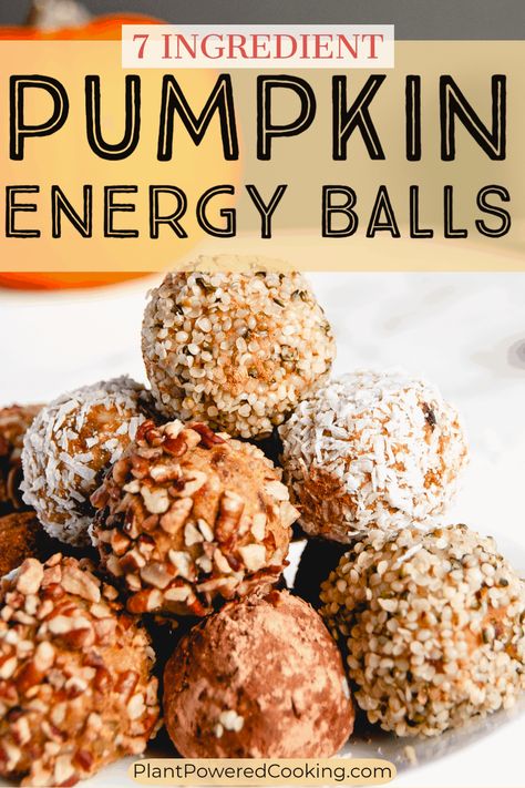 The perfect easy dessert recipe for fall, these pumpkin spice energy balls are full of delicious fall flavor and healthy ingredients. These vegan date balls have no added sugar, lots of spice, and everything nice! They are sweet (without being too sweet), easy to make, and extra healthy. With built-in portion control, they are (obviously) the perfect healthy dessert or snack to keep in your fridge at all times. #EnergyBalls #HealthySnacks #HealthyDessert #PumpkinSpice #DateBalls #NoBakeDessert Vegan Pumpkin Protein Balls, Plant Based Snack Recipes, Plant Based Energy Balls, Healthy Plant Based Snacks, Plant Based Desserts No Sugar, Plant Based Pumpkin Recipes, Healthy Autumn Desserts, Vegan Date Balls, Wfpb Meals