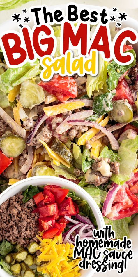 This cheeseburger salad recipe is just like a Big Mac except in salad form. It has all of the flavors of a Big Mac but uses simple ingredients that are healthy and even suitable for the low carb diet. Big Mac Salad Dressing, Big Mac Salad Recipe, Cheeseburger Salad Recipe, Mac Salad Recipe, Cheeseburger Salad, Summer Pasta Salad Recipes, Big Mac Salad, Layered Salad Recipes, Mac Salad