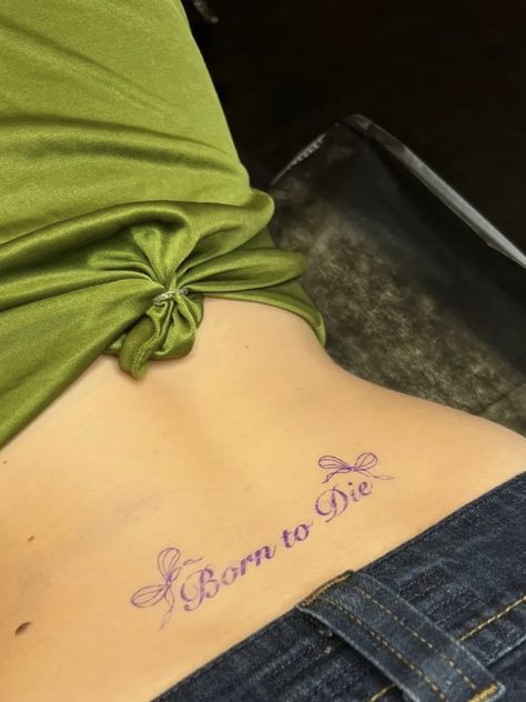 Wierd Tattoo Design, Red Ink Tattoos Fine Line, Born To Die Tramp Stamp, Below Buttocks Tattoo, Hit Me Hard And Soft Tattoo, Suggestive Tattoos, Forearm Tattoo Inner, 818 Tattoo, Tramp Stamp Words