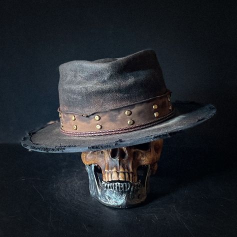 The “Little Killer” size 7 1/8 is now in the online shop for purchase. #westernwear #westerns #cowboystyle #cowboylife #outlaw #outlawhat #uglyoutlaw #uglyoutlawhats #wildwest #oldwest Make A Character, Distressed Hat, Boys Life, Thick Wool, Fancy Hats, Cowboy Style, Old West, Distressed Leather, Brass Color