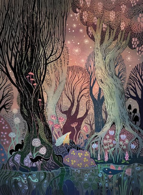 Ulla Thynell, Forest Drawing, Forest Mural, Arte 8 Bits, Mixed Media Illustration, Forest Illustration, Fairytale Illustration, Arte Cyberpunk, Arte Inspo