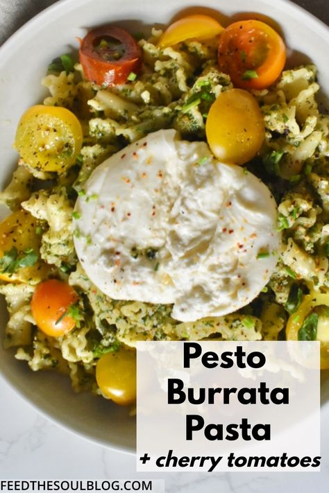 Pesto Pasta With Burrata, Pesto Burrata Pasta, Easy Lunch Ideas Vegetarian, Pesto Pasta With Tomatoes, Pasta Cherry Tomatoes, Lunch Ideas Vegetarian, Pesto Burrata, Pasta With Cherry Tomatoes, Burrata Pasta