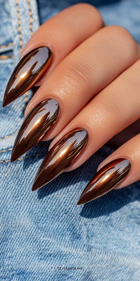 31 Popular Fall Nail Ideas that Scream Cozy Autumn Vibes Fall Mustard Nails, Fall Nail Acrylic Ideas, Fun Fall Nails Acrylic, Fall Fingernail Designs Autumn, Fall Copper Nails, Fall Nail Designs Stiletto, Copper Fall Nails, Fall Long Nails Ideas, Sultry Nails