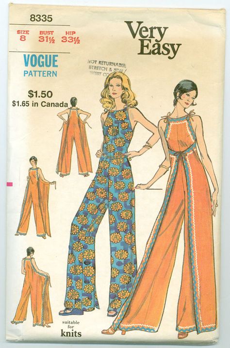 Vogue 8335; ca. 1972; Misses' Lounge Jumpsuit. Loose-fitting, front or back wrapped jumpsuit has self ties and optional rick-rack trim. Featured in Vogue Patterns Leaflet July 1972 Jumpsuit Pattern Sewing, Lounge Jumpsuit, Patron Vintage, Pants Sewing, Wrap Pants, Diy Vetement, Pants Sewing Pattern, Vogue Sewing, Vogue Pattern