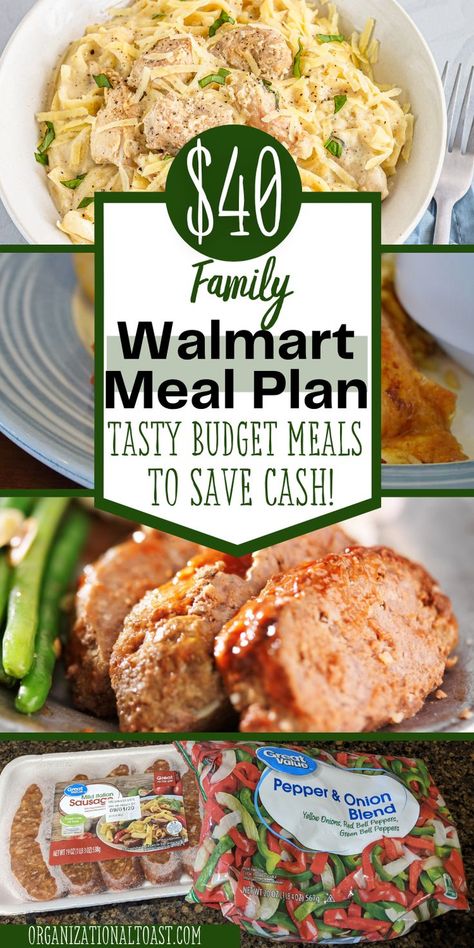 $40 dinner meal plan with 7 dinners. Great budget friendly meal ideas for your weekly meal plan. See exactly what I bought at Walmart for $50. Cheap groceries at Walmart help you save money! Meals On A Budget For One, 50 Weekly Meal Plan, Walmart Budget Meal Plan, Last Minute Store Bought Dinner Ideas, Cheap Meal Ideas Families, Cheap Weekly Meal Plan Families, Cheap Meal Plans For Two, Budget Dinners For 2, Cheap Dinners For A Family Of 6