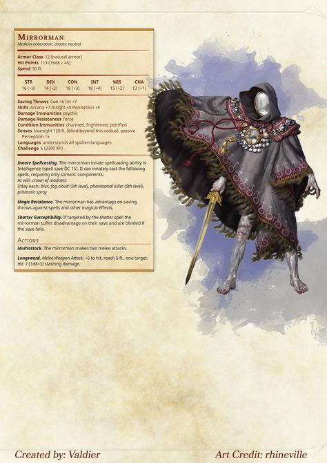 Mirror man stats. CP 6 D D 5e Homebrew, Pandaren Monk, Monsters Dnd, Dnd Stats, Creature Fantasy, Mirror Man, Dnd Classes, Dungeons And Dragons 5e, Dungeons And Dragons Classes