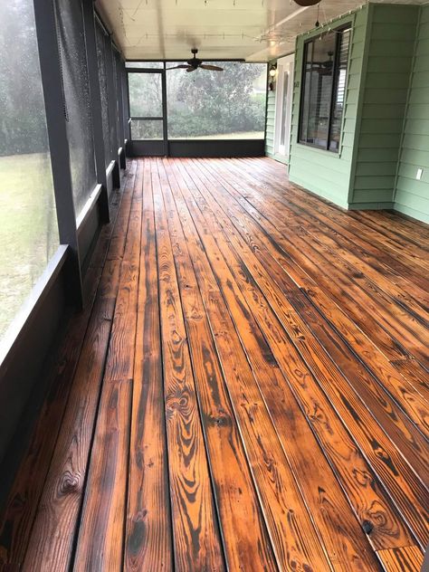 Torched and stained floor for screened in porch-finished look Torched Wood Floors, Wood Stained Concrete Floors, Burnt Wood Floors, Burnt Wood Flooring, Plywood Porch Floor, Lament Flooring Ideas, Burnt Plywood Floor, Stained Plywood Floors, End Grain Flooring