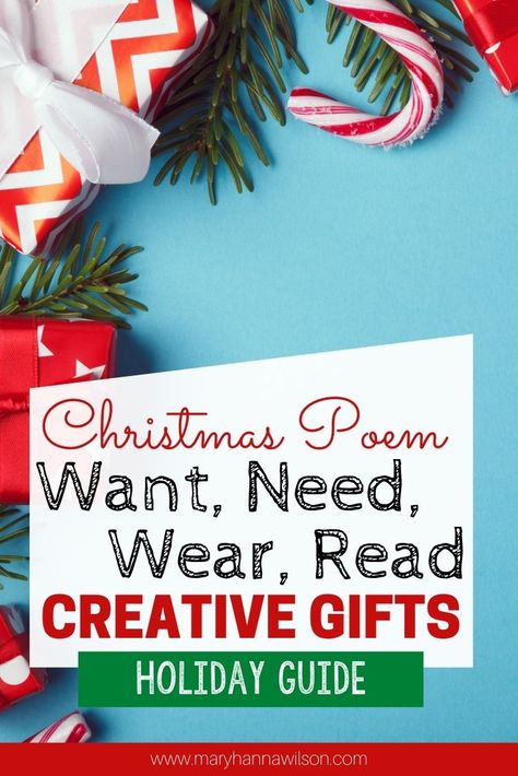 Something You Need Gift Ideas, Christmas Gift Something You Need, Christmas Gift Category Ideas, Christmas Gifts Something They Need, Something To Read Christmas Ideas, Christmas Gift Ideas Something To Wear Something To Read, Something To Wear Gift Ideas, Need Want Read Wear Ideas, Christmas Gifts Something You Want Need