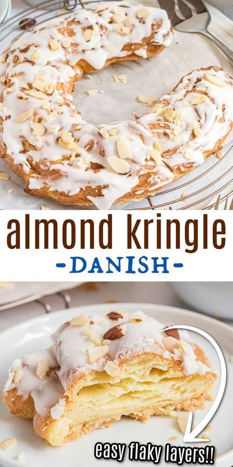 Homemade Kringle Recipe, Kringle Cake Recipe, Almond Breakfast Pastry, Easy Almond Dessert Recipes, Apple Kringle Recipe, Almond Kringle Recipe Wisconsin, French Breakfast Pastries, Recipes With Sliced Almonds, Christmas Kringle Recipe