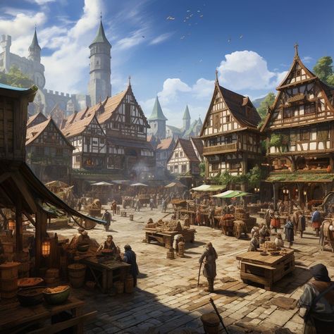 Medieval City Landscape, Dungeons And Dragons Landscape, Dnd City Art, Fantasy Town Art, Medieval Village Art, Fantasy Setting Village, Dnd Buildings, Dnd Town, Vila Medieval