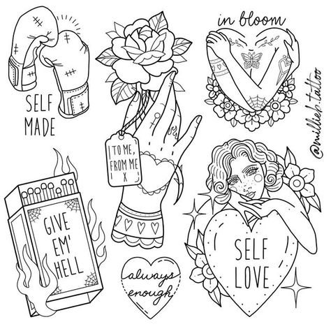 Self Love Flash Tattoo, Helpless Romantic Tattoo, Lesbian Tattoo Flash Sheet, Flash Art Drawings, Self Love Traditional Tattoo, Valentine’s Day Tattoo Ideas, Valentines Day Tattoo Ideas, Traditional Feminist Tattoo, Tiny Tattoo Stencil