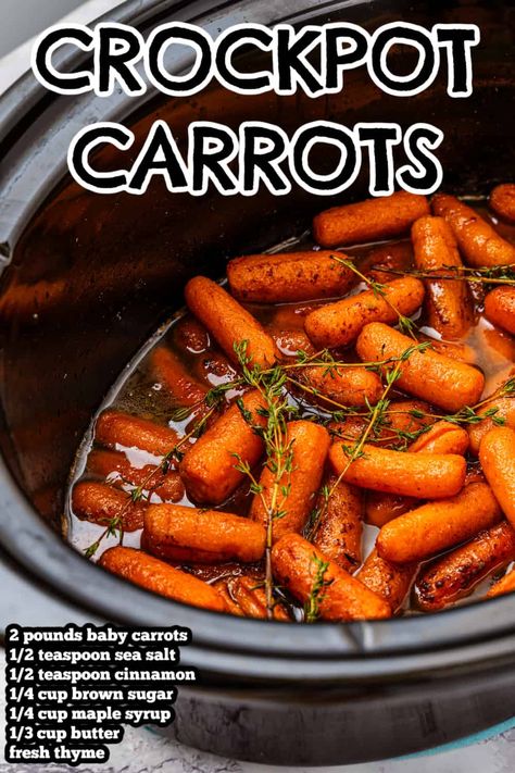 These Crockpot Carrots are made with a sweet maple syrup, brown sugar, and cinnamon glaze. They're the perfect combo of savory and sweet! Slow Cook Carrots, Carrot Crockpot Recipes, Crockpot Carrots Brown Sugar, Crockpot Baby Carrots, Carrots In Crockpot, Carrots Crockpot, Crockpot Glazed Carrots, Crockpot Carrots, Sweet Baby Carrots