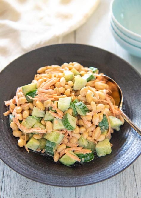 Hero shot of Soybean Salad with Carrot and Cucumber. Soy Cucumbers, Cucumber In Soy Sauce, Soybean Salad, Korean Cucumber Carrot Salad, Cucumber Carrot Asian Salad, Japanese Cucumber Salad Vinegar, Mayonnaise Dressing, Dried Tofu, Asian Salad