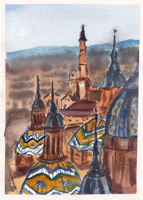 Spain Watercolor, Zaragoza Spain, Postcards For Sale, Rooftops, Framed Art Print, Art Sketches, Watercolor Art, Framed Art Prints, Framed Art