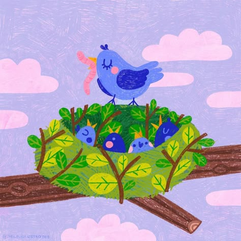 Bird In Nest Illustration, Nest Illustration, Kidlit Art, Bird In Nest, Kids Story, Kids Illustration, Spring Kids, Childrens Drawings, Children Book